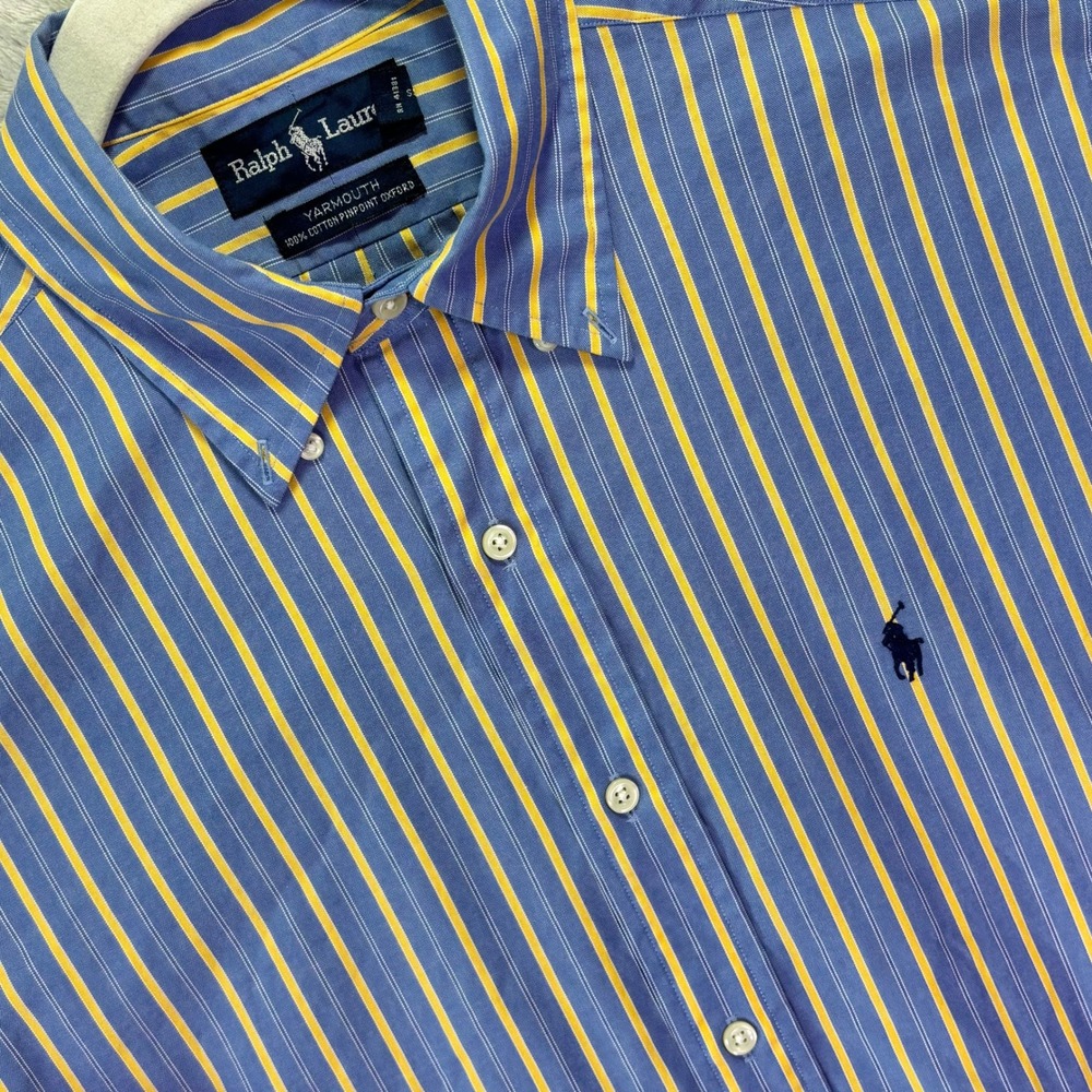 Ralph Lauren Mens Button Down 15.5 Blue Yellow Striped Yarmouth Pinpoint Oxford